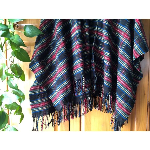 Talbots Tartan Plaid Open Front Ruana Wrap Cape Shawl Fringe M/L - Picture 5 of 13